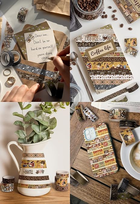 KOVANO Coffee Themed Washi Tape Set, 14 Rolls Vintage Crafts Tape, Art Decorative Tape for Scrapbooking Supplies, Junk Journal, Bullet Journaling, Vision Board Supplies