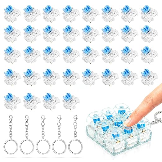 36PCS Keyboard Clickers for 3D Prints, Crisp Clicks, Strong Tactile Bump, Dustproof, 3-Pin Blue Mechanical Keyboard Switches for 3D Printed Clicker Fidget, Extra 5PCS Metal Keychain