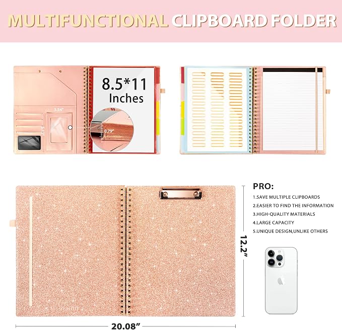 Ospelelf Clipboard with Storage for Women, Leather Padfolio Portfolio Organizer 5 Folders with 10 Pockets, Spiral Clipboard Folio with Notepad for Letter Size, Elastic Closure and Pen Loop Rose Gold