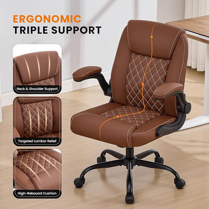 Leather Office Chair, 300lbs Heavy Duty Mid-Back Desk Chairs with Flip-up Armrests, Space-Saving Swivel Task Chair with Wheels, Adjustable Height and Ergonomic Back Support, Brown
