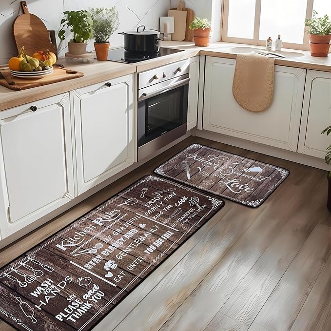 Kitchen Rug Sets of 2 Piece Non Slip Kitchen Rugs and Mats Washable Kitchen Mats for Floor Kitchen Carpet Runner Rugs Decor for Laundry Bathroom Living Room,Brown Kitchen Rules 20"x 59"+20"x 32"
