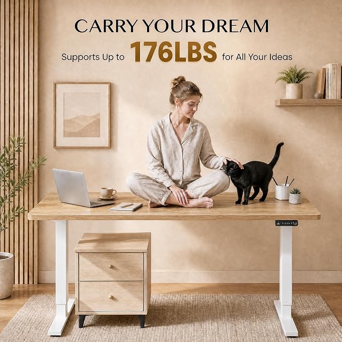 Grandder 47x32 Large Electric Standing Desk, Height Adjustable Computer Desk with 2 Memory Presets, 31.5" Deep Desktop Sit Stand Desk Home Office Desk Workstation Table with Hooks, Oak