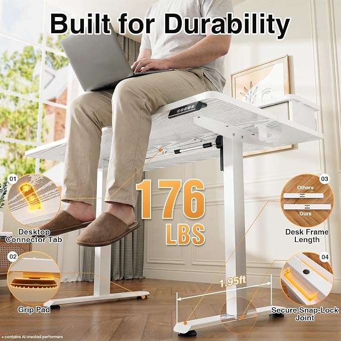 Veken 47x28 in Electric Standing Desk with Drawers, Adjustable Table, White | Stand up Computer Desk for Home Office, Work & Study, with Storage, 3 Memory Presets, Cable Organizer, Hook, and Quiet Lift.