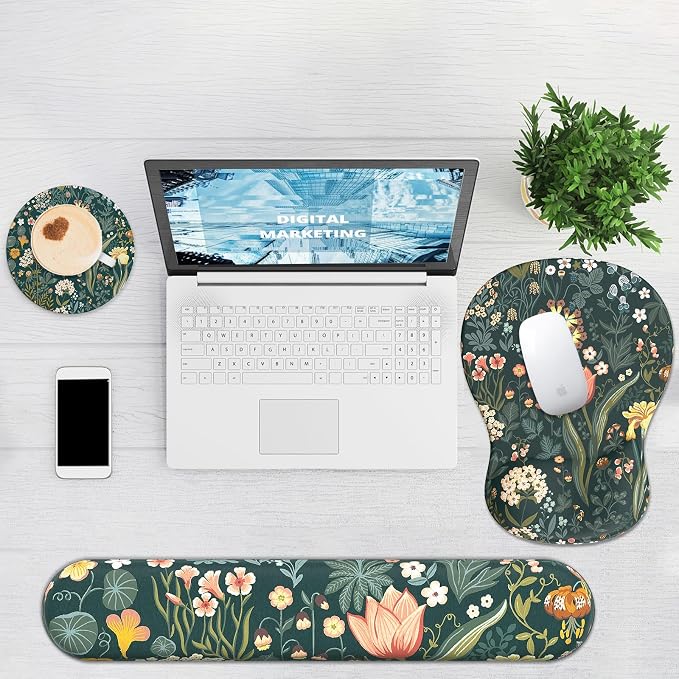 Ergonomic Mouse Pad with Wrist Rest and Keyboard Wrist Rest, Gel Mousepad and Wrist Rest for Computer Keyboard, Pain Relief, Non-Slip PU Base, Mouse Pad Wrist Support for Gaming, Office, Green Flower