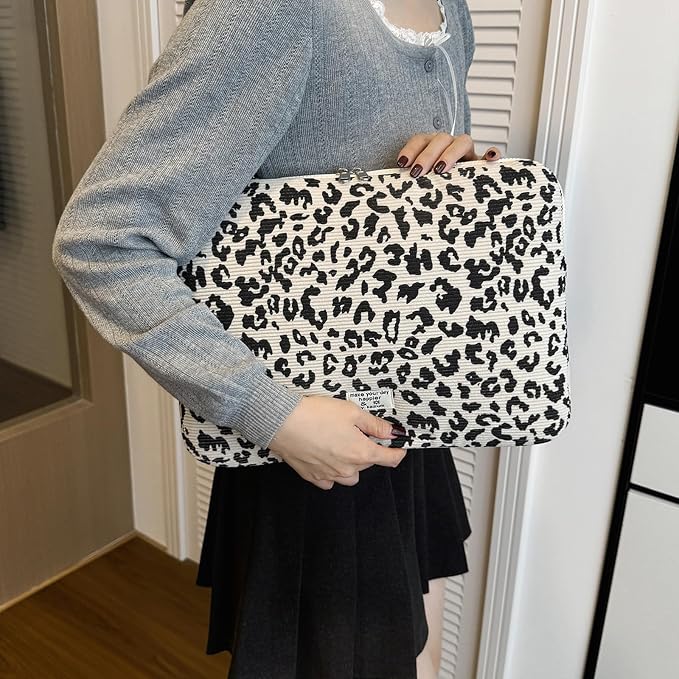 Leopard Print Laptop Case 11, 13,15 Inch Quilted Laptop Sleeve Soft Protective Cheetah Computer Sleeve for MacBook (Beige, with Strap, 13 Inch)