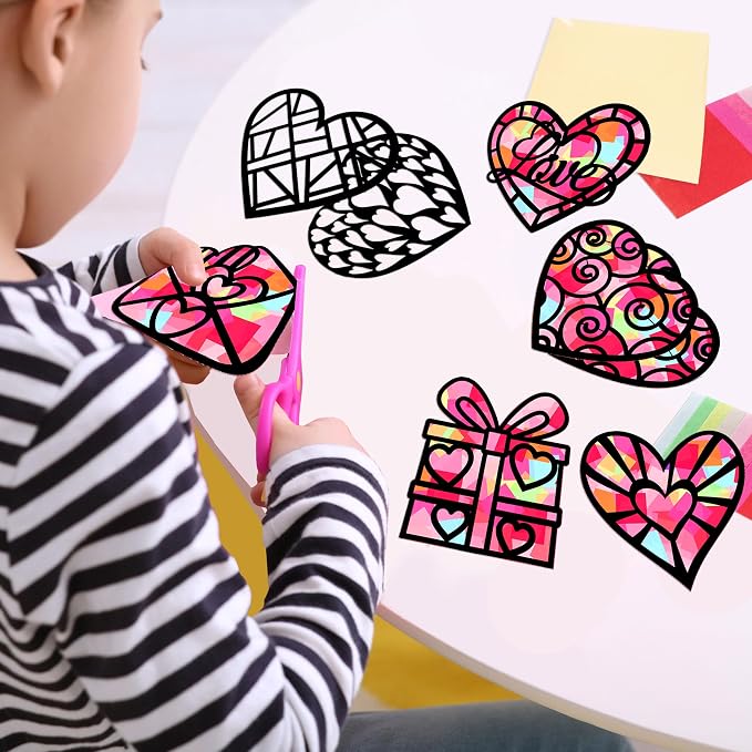 Renbuzhu 40PCS Valentines Day Crafts: Paper Heart Suncatchers, Christmas Valentine's Classroom DIY Kits, Window Stained Glass Effect Art Supplies