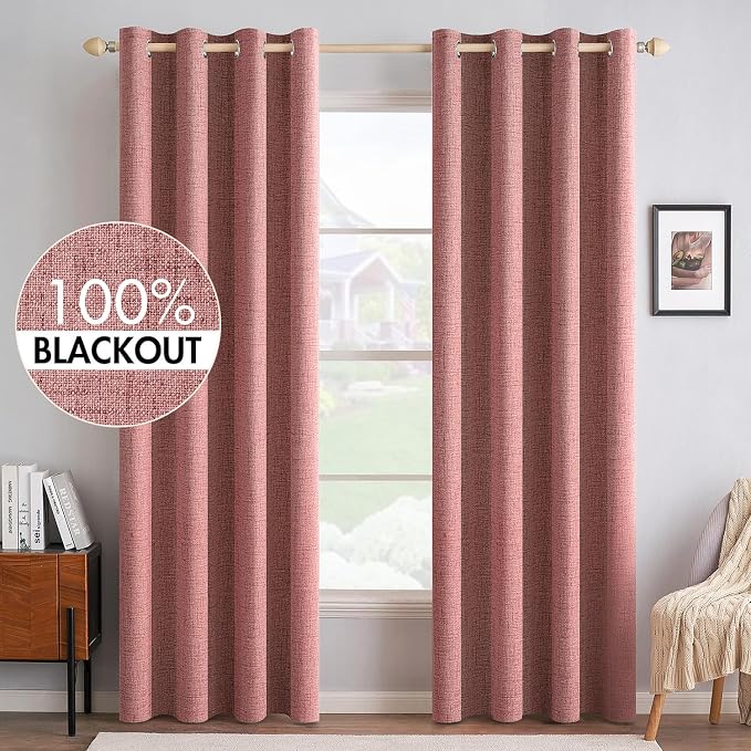 MIULEE 100% Blackout Linen Textured Curtains for Bedroom Solid Thermal Insulated Dusty Rose Grommet Room Darkening Curtains & Drapes Luxury Decor for Living Room 52 x 72 Inch (2 Panels)
