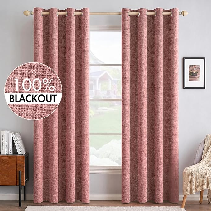 MIULEE 100% Blackout Linen Textured Curtains for Bedroom Solid Thermal Insulated Dusty Rose Grommet Room Darkening Curtains & Drapes Luxury Decor for Living Room 52 x 84 Inch (2 Panels)