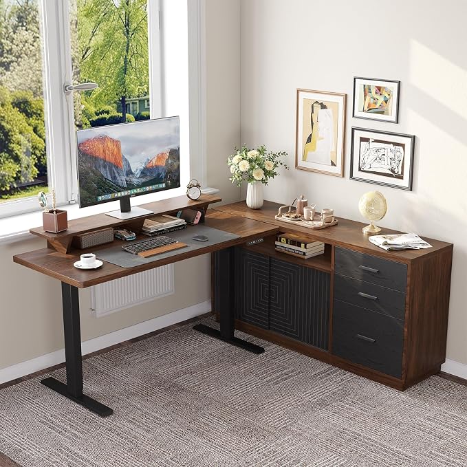 ONBRILL 63" Electric Standing Desk with 55" File Cabinet, Adjustable Height Home Office Furniture Set with Monitor Stand and 3 Drawers, Executive Workstationfor Home Office, Walnut