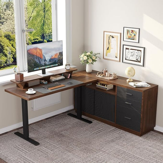 ONBRILL 55" Electric Standing Desk with 55" File Cabinet, Adjustable Height Home Office Furniture Set with Monitor Stand and 3 Drawers, Executive Workstationfor Home Office, Walnut