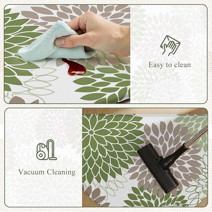 KIMODE Half Circle Anti Fatigue Mats for Kitchen Floor Kitchen Mats 2PCS | 18"x28+18"x28",Sage Green,Dahlia Floral Boho,Kitchen Rug Sets of 2,Non Slip,Waterproof,for Sink Office Laundry Bathroom Decor