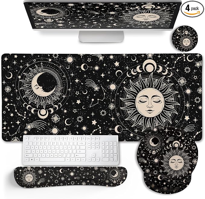 LIMKRIAN Sun Moon Mouse Pad Set Desk Mat Pad, XXL Large Gaming Mouse Pad with Wrist Rest, Ergonomic Mouse Pad, Keyboard Wrist Rest, Coaster, Home Office Desk Accessories Decor Supplies, Boho Abstract