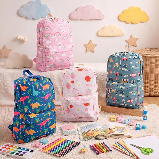 17'' Backpacks Bulk with Supplies Stationery Kits, Printed Bookbags and Writing Accessories Kit for Donation(Cute,12 Pack)