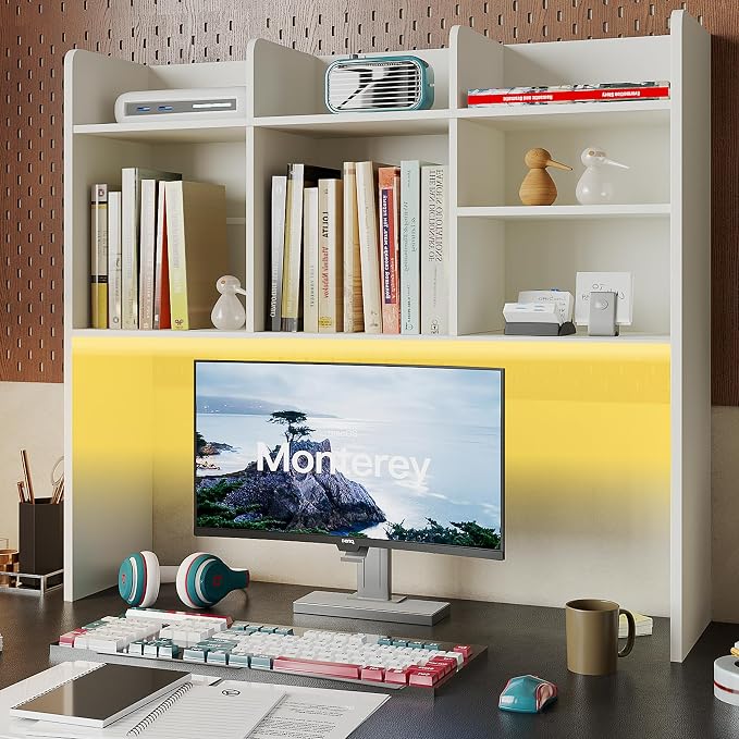 ChooChoo Desk Hutch Dorm with LED Lights, Desktop Bookshelf with 7 Shelves | Desktop Shelf, Bookshelf Storage for College Dorm Office Home, White