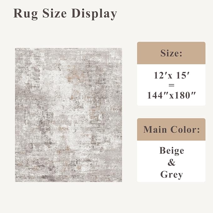 12x15 Area Rug for Living Room – Large Modern Neutral Abstract Thin Washable Carpet, Soft Low Pile Non-Slip Stain-Resistant for Bedroom Dining Room Home Office (Beige Grey)