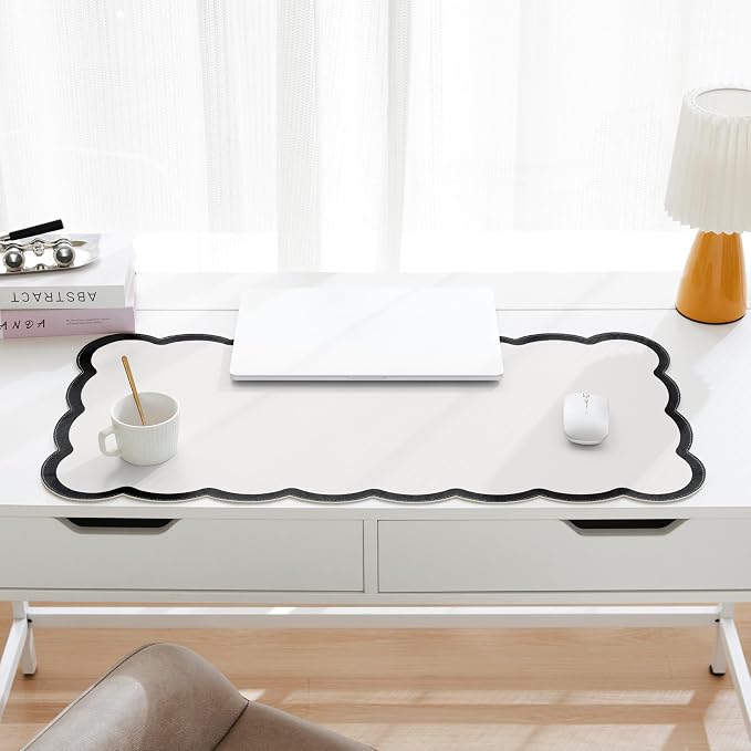 Scalloped Desk Mat, 31.5" x 15.7" Large Cute Aesthetic Desk Accessories, PU Leather Computer Laptop Desk Mouse Keyboard Pad, Desk Writing Mat for Vanity/Work/Home Decor (Black, 31.5" x 15.7")