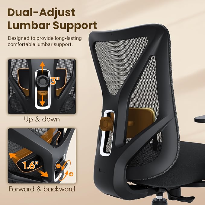 Ergonomic Office Chair, Mesh Computer Desk Chairs with Adjustable Lumbar Support, 3D Armrests, Tilt Function, Comfy Wide Seat, Executive Work Task Chair for Company and Home (Sponge Cushion)