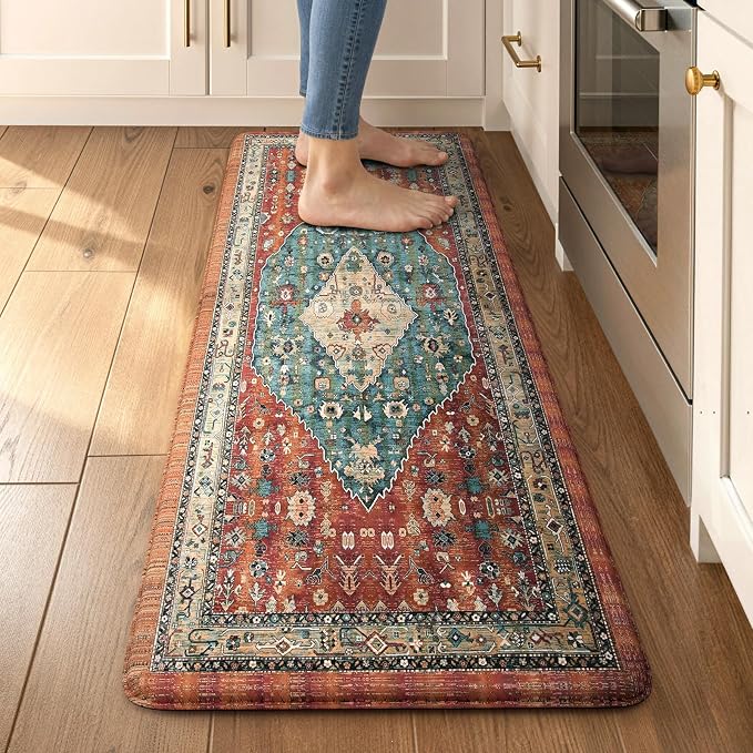 Collive Boho Cushioned Kitchen Mat, Anti Fatigue Mats for Kitchen Floor | Washable Non-Slip Sink Rug Waterproof, Comfort Standing Desk Mat for Office, Laundry, Home Decor, Rust/Multi, 17.3”x47”