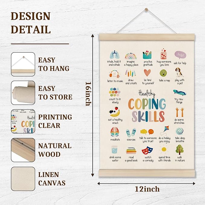 Mental Health Poster Hanger Frame, Coping Skills Poster 16x12 Inch, Therapy Office Decor, Anxiety Relief, Calm Down Corner Wall Decor, Emotional Learning Wall Art for Homeschool Counseling Office