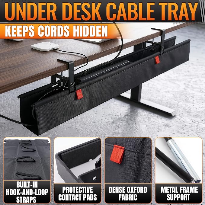 Under Desk Cable Management Tray 48" — No Drill Clamp-On Cord Organizer for Desk with Built-in Ties, Heavy Duty Metal Clamp, Foldable 600D Oxford Fabric for Home Office, WFH & Gaming PC Setup (Black)
