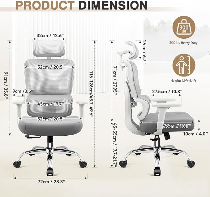 Ergonomic Office Desk Chair, Computer Chair Comfy for Home Office, Standard | Adjustable Lumbar Support for Back Pain Relief, 4.33'' Thick Foam Cushion, 3D Headrest, Steel Frame, 300LBS, LightGray