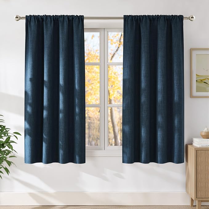 NICETOWN Navy Blue Faux Linen Room Darkening Rod Pocket Curtains 63 inch Length, W42 x L63, Light Blocking Thermal Insulated Noise Reducing Drapes for Bedroom Living Room Farmhouse Decor, 2 Panels