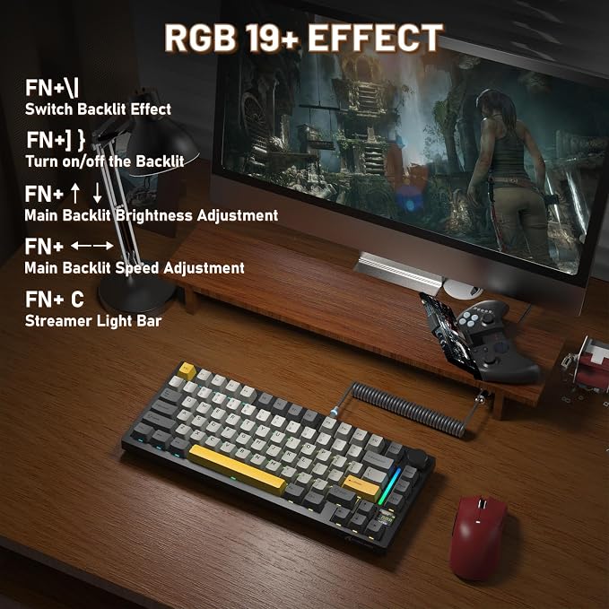 A.JAZZ Attack Shark X820Ultra 75% Wireless Mechanical Gaming Keyboard and Coiled Cable Hot Swappable 2.4GHz/Bluetooth/Wired Keyboard with Screen & Knob RGB Backlit Gasket Mount Shark Switch-Starblack