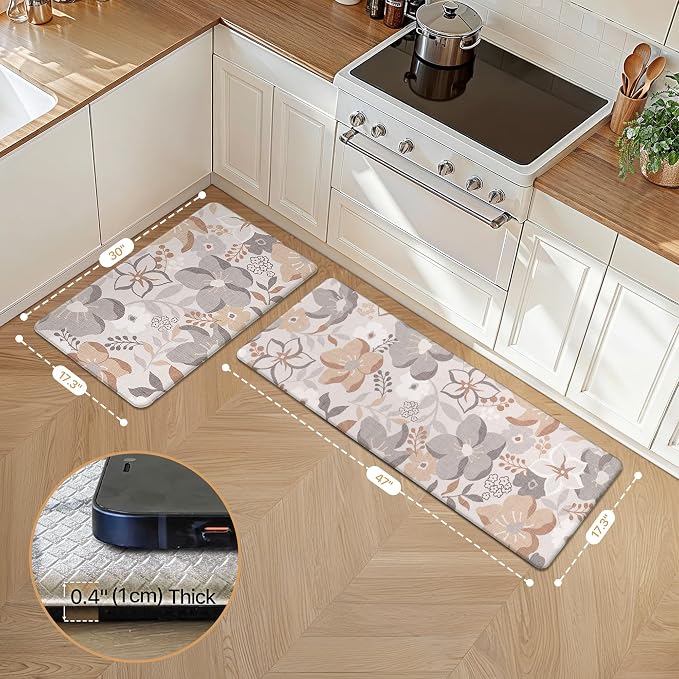 GENIMO Anti Fatigue Kitchen Mats for Floor 2PCS, Cushioned Standing Mats | 17.3"x47"&17.3"x30", Grey vintage floral rug set, waterproof, non slip, easy-clean for farmhouse