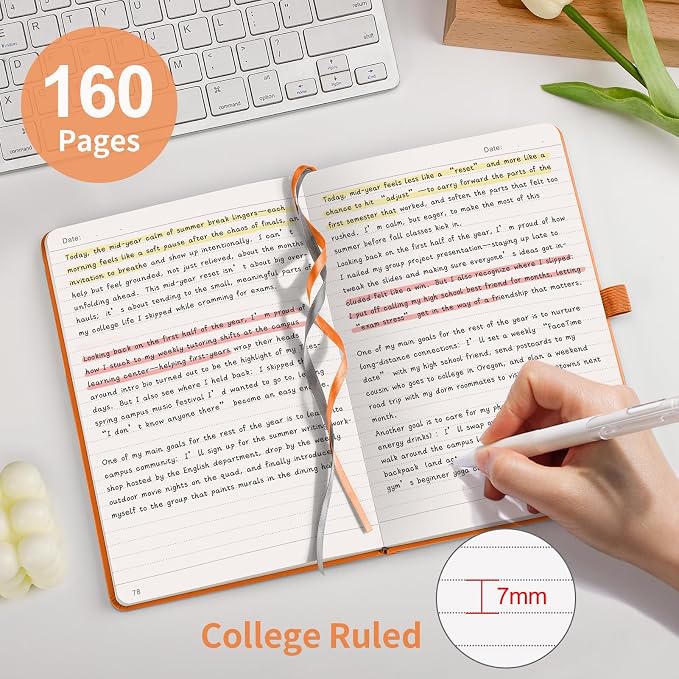 AHGXG Lined Journal Notebook, 160 Numbered Pages, A5 Medium Size (5.7'' x 8.3''), 120 GSM Thick Paper, for Men & Women, Journaling, Writing, Work & Office, Leather Hardcove (Orange)