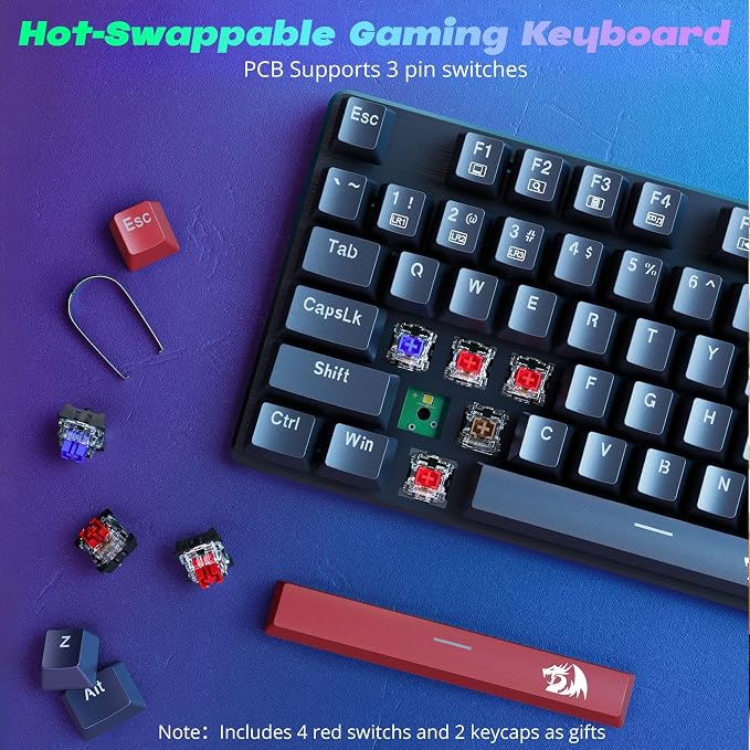 Redragon Mechanical Gaming Keyboard Wired, 11 Programmable Backlit Modes, Hot-Swappable Red Switch, Anti-Ghosting, Double-Shot PBT Keycaps, Light Up Keyboard for PC Mac