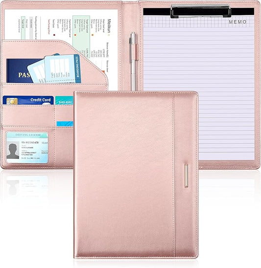 Padfolio with Clipboard, PU Leather Business Portfolio Binder, Interview Resume Folder with Card Holder, A4 Letter Document Organizer Included Writing Note Pad for School Office Conference (Rose Gold)