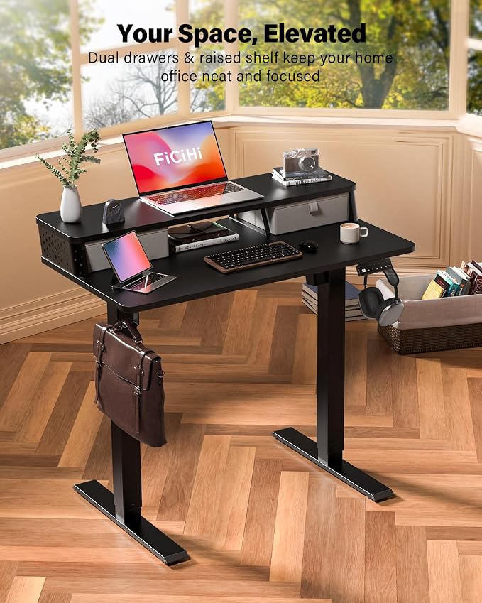 FiCiHi 35x20 Inch Standing Desk with Drawers, C-Clamp Mount Compatible, Electric Adjustable Height Computer Small Stand Up Desks, Home Office Sit Stand Table with 3 Preset Heights, Black