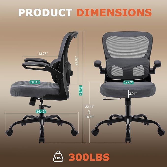 AreShark Office Chair Ergonomic Desk Chairs with Adjustable Lumbar Support, High Back Breathable Mesh Chair with Wheels& Flip-up Armrests,Rolling Swivel Comfy Task Computer Chair for Home Work Gaming