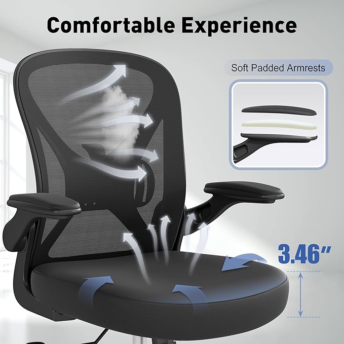 Ergonomic Office Chair with Adjustable Lumbar Support, 300 lbs Swivel Desk Chair with Flip-Up Arms, Mesh Comfy Padded Seat for Computer and Home, Black