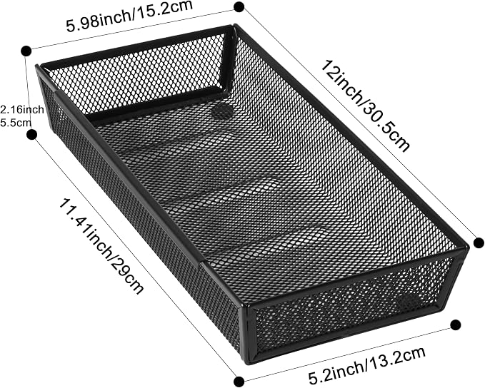 Mesh Tray Silverware Drawer Organizer, Utensil Cutlery Tray Office Supplies with Interlocking Arm Drawer Dividers Organizer for Flatware, Knives,Home,Office, School,Bedroom 12X6'' Black