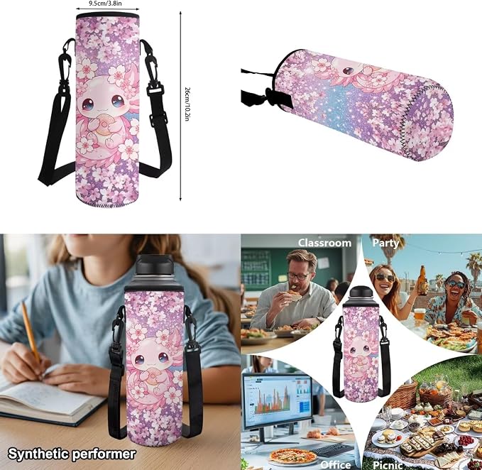 Cherry Blossoms Axolotl Girls School Backpack Set 4 PCS, 17 Inch Cute Cartoon Bookbag with Insulated Lunch Bag for Kids Ages 6-8 Elementary Back to School Supplies