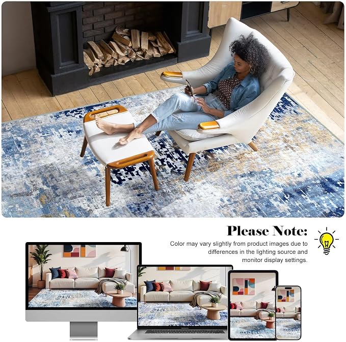 Macgace Washable Abstract Rug, 3x5 Modern Area Rugs with Non-Slip Rubber Backed for Bedroom, Thin but Soft Contemporary Carpet Kitchen Living Room Decor, Midnight Blue