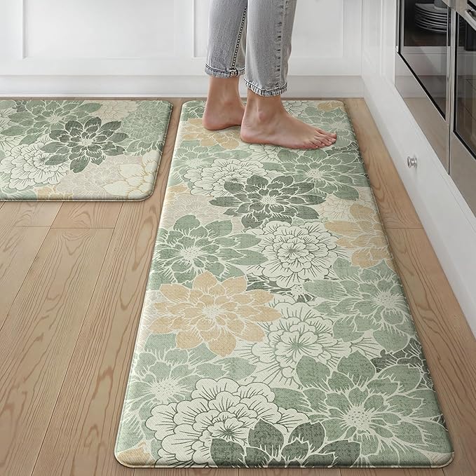 GENIMO Anti Fatigue Kitchen Mats for Floor 2PCS, Cushioned Standing Mats | 17.3"x47"&17.3"x30", Green vintage floral rug set, waterproof, non slip, easy-clean for farmhouse