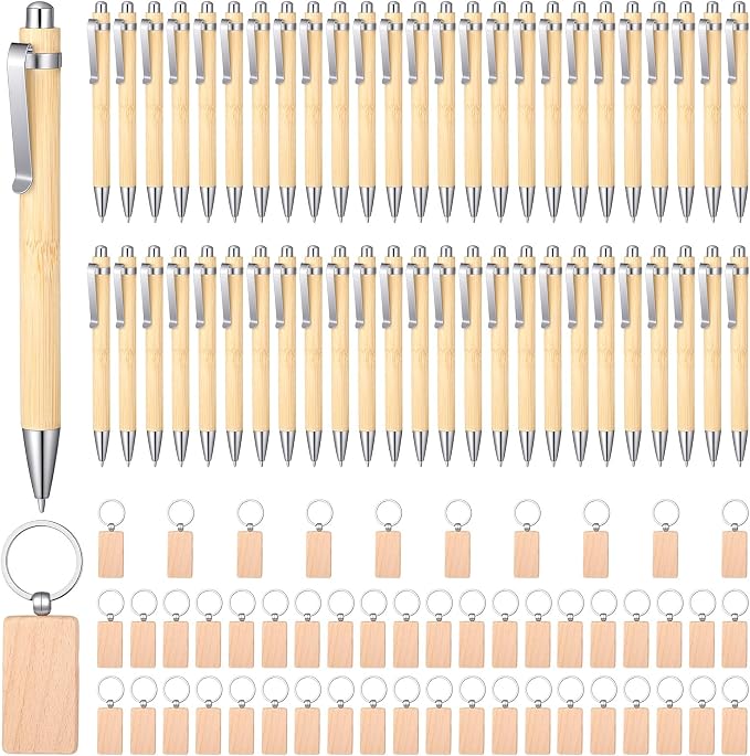 COMNICO 50 Pcs Bamboo Pens Bulk with 50 Pcs Blanks Wooden Keychain, Wooden Bamboo Pens Retractable Ballpoint Pen for Office School Teacher Student Notebook Notepads