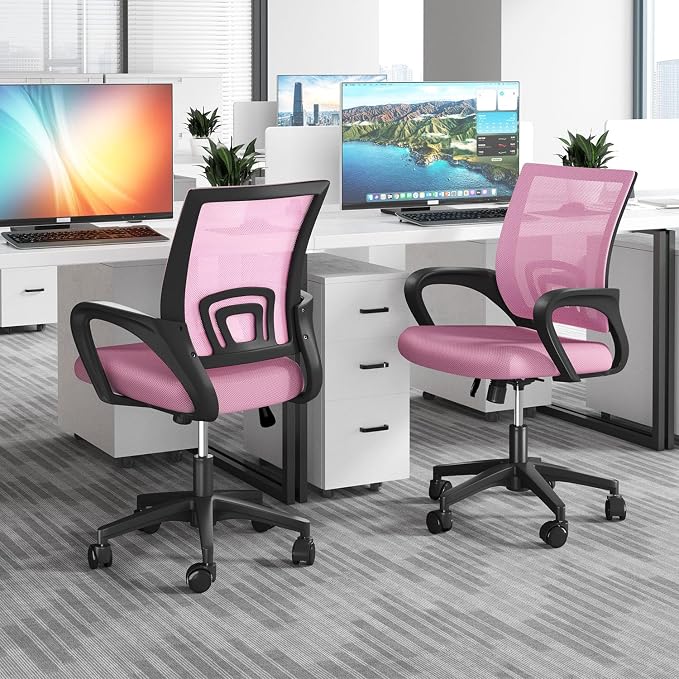 OS MOTOR Ergonomic Mid-Back Mesh Office Chair (Pink, 2 Pack) | Lumbar Support, Adjustable Height, Swivel Rolling Design, Comfy Armrest, Home, Office, Work, Study, Gaming, Vanity