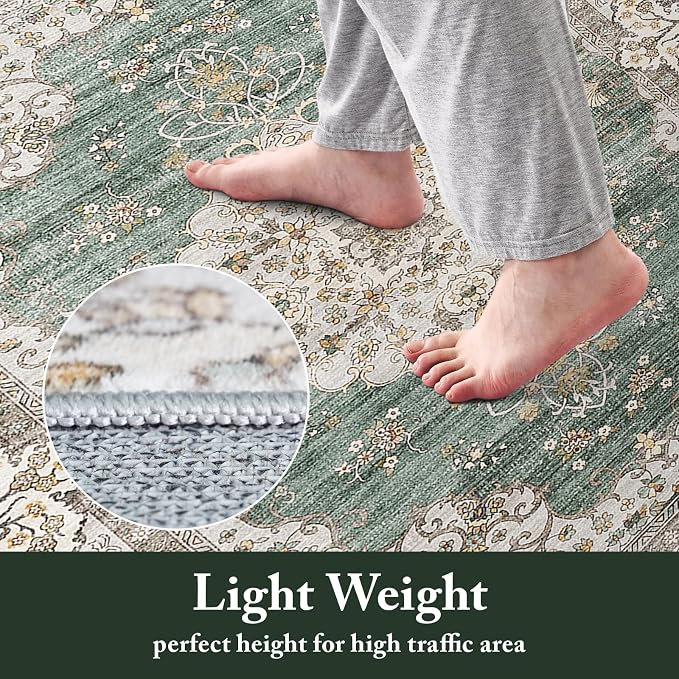 2x5 Washable Hallway Runner Rug:Oriental Indoor Kitchen Rugs Vintage Door Mat Non Slip with Rubber Backing Low Pile Thin Carpet for Bedroom Bathroom Living Room Bedside (2x5 Green/Beige)