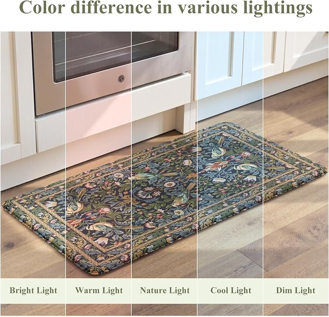 KIMODE Kitchen Mats for Floor Anti Fatigue,Cushioned Sink Rug | 17.3"x29",Navy Blue Green,Floral Vintage Sink Rug Non Slip for Laundry,Memory Foam Padded Standing Desk Mat for Office Rug