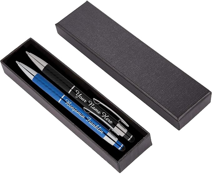 ExpressDesigns™ - Personalized Pens Gift Set - 2 Pack of Metal Pens w/gift box - Luxury Ballpoint Pen Custom Engraved with Name, Logo or Message for Executive, Business or Personal use (Black-Blue)