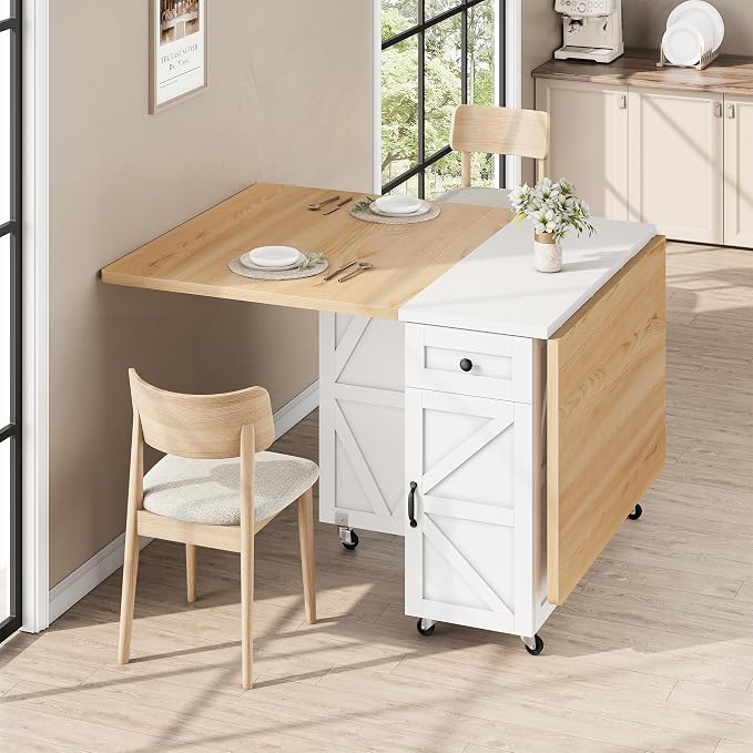 Jocoevol Folding Dining Table for Small Spaces, Foldable Kitchen Table with Drawer, 2-Tier Storage Shelf & Wheels, Space Saving Dining Table for 2 4, Farmhouse, Natural