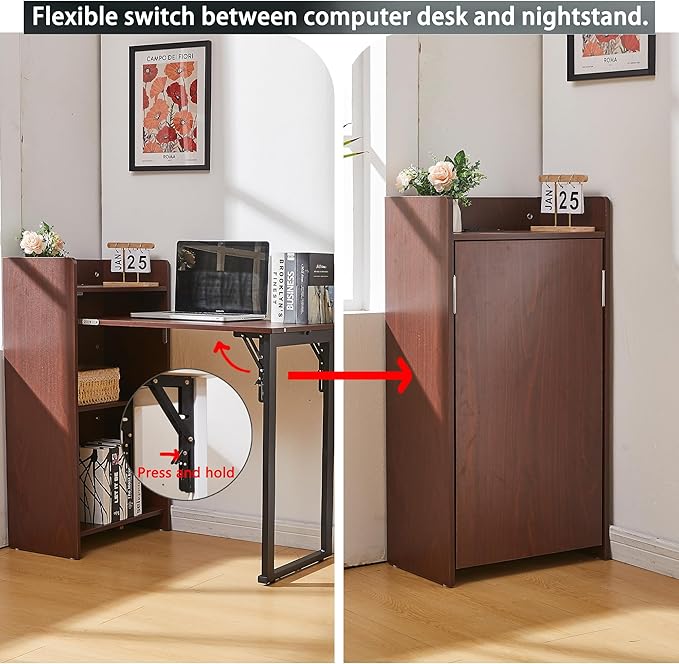 Foldable Desk,Hidden Desk with Storage and Built-in Socket,Mid Century Fold Out Table for Small Spaces,Home Office and Bedroom (Brown)
