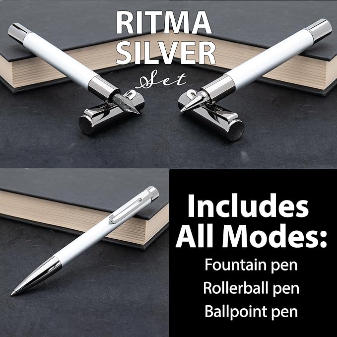 Monteverde Ritma 3+2 Piece Gift Set, Silver - Includes Flex Nib Fountain Pen, Rollerball, Ballpoint, 30ml Ink & Refill - Ideal for Creative Writers & Collectors