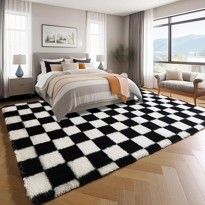 KICMOR 8x10 Area Rugs for Living Room, Large Fluffy Soft Black and White Checkered Shag Shaggy Bedroom Carpets, Indoor Big Fuzzy Plush Rug for Kids Boys Girls Teen Dorm Nursery Home Decor Aesthetic