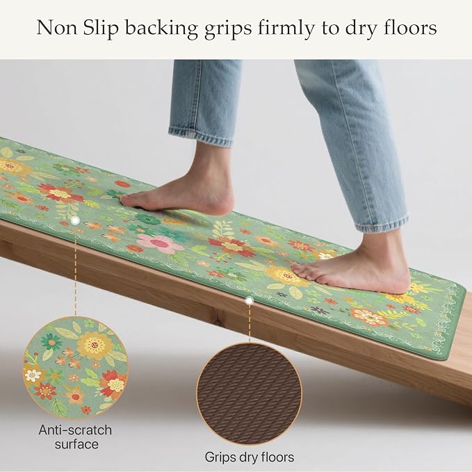 GENIMO Anti Fatigue Kitchen Mats for Floor 2PCS, Cushioned Standing Mats | 17.3"x47"&17.3"x30", Sage Green vintage floral rug set, waterproof, non slip, easy-clean for farmhouse