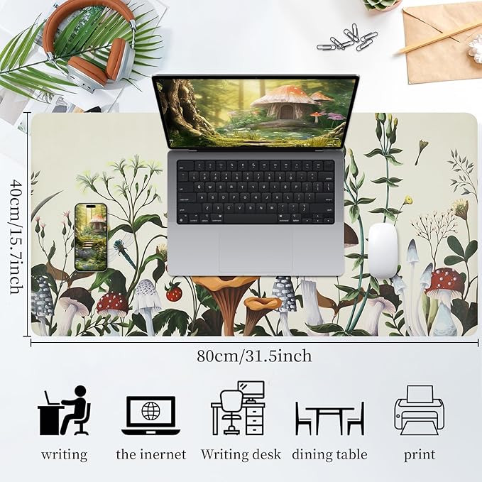 Bloss Mushroom Desks Pad, Clearance Overstock Limited Stock Discontinued Size 31.5" x 15.7" Large Leather Mouse Pad for Desktop, Desk Mat for Keyboard and Mouse,Waterproof Computer Laptop Desk Mat