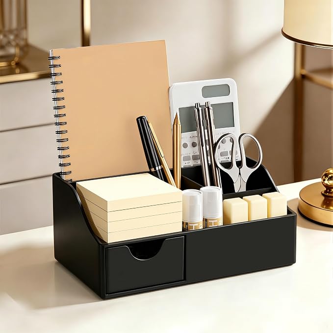 HBlife Acrylic Desk Organizer with Drawer, Pen & Pencil Holder, Multifunctional Desktop Caddy for Office Supply and Organization (Black)
